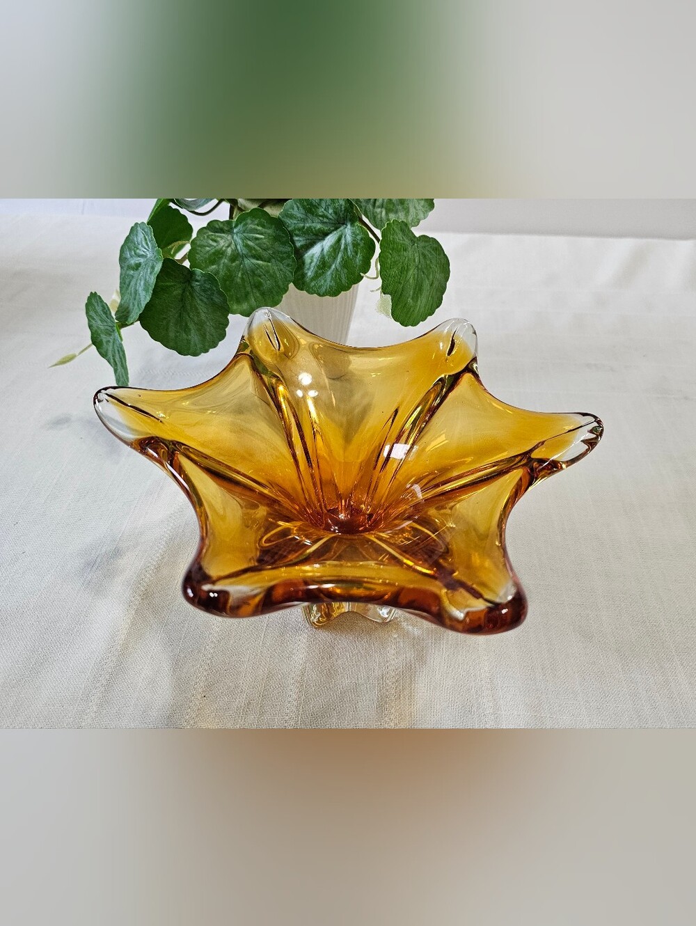 Vintage Mid-Century Modern Amber Art Glass Star Shaped Sculptural Bowl